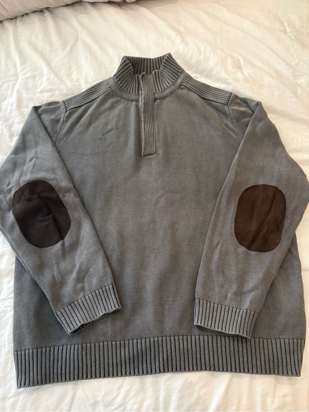 Men's Gray Half-Zip Sweater worn with Brown Leather Elbow Patches
